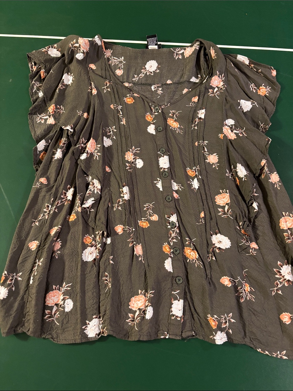 torrid Olive Floral Button-Front Ruffle-Sleeve Blouse
